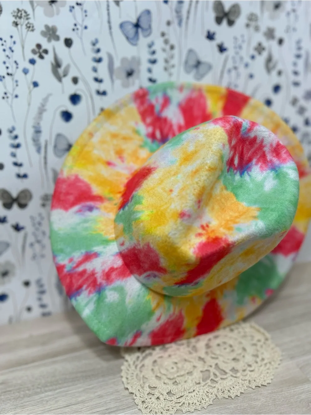Colorful Tie Dye Wide Brim Fedora Hat Size 58 Boho Festival